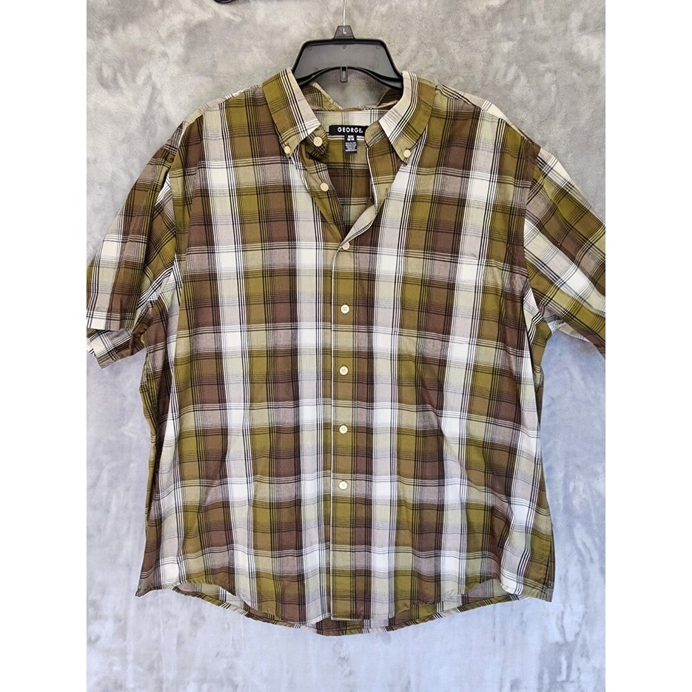 George Mens Shirt XL Classic Fit Button Up Front Pocket Collar Green Plaid